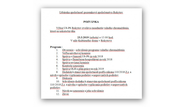 Výbor US-PS Rokytov ruší zasadnutie valného zhromaždenia
