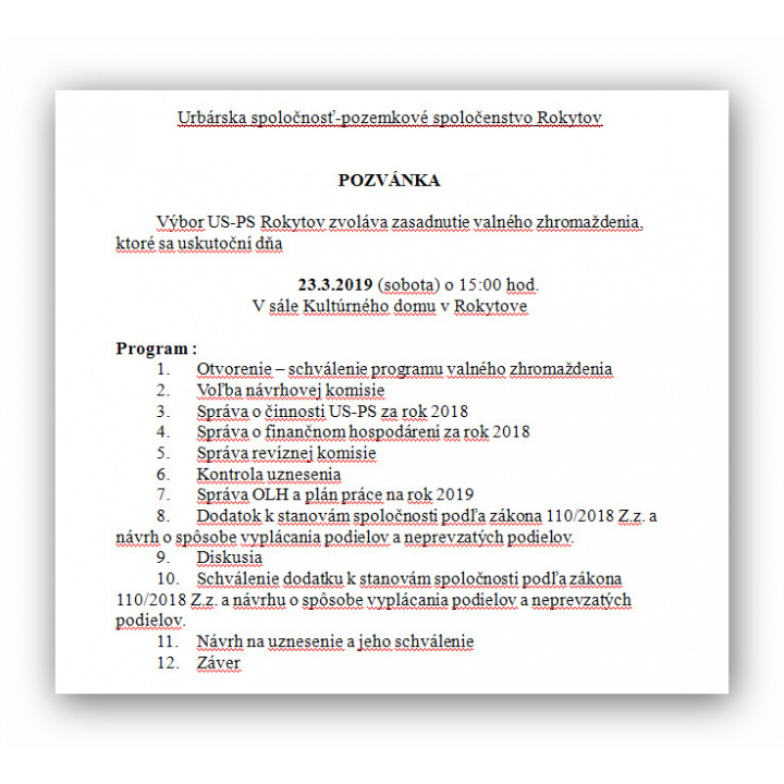 Výbor US-PS Rokytov ruší zasadnutie valného zhromaždenia